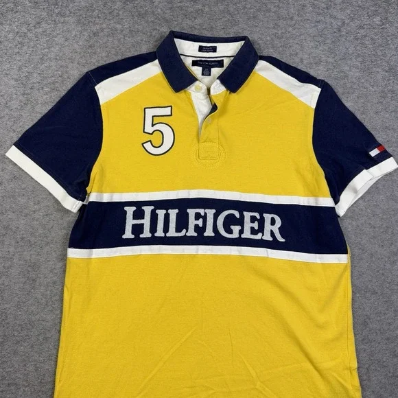 Tommy Hilfiger Rugby Shirt Navy Blue Yellow Iconic Classic Striped Rap 5 Custom - Picture 1 of 13